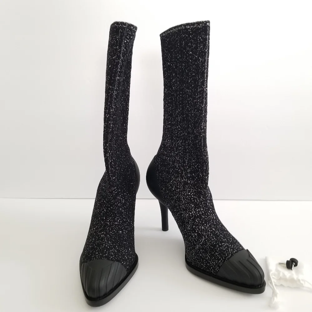 Chloe Lurex Knitted High Heel Elastic Sock Ankle Boots Size 36 Black Sil… - Picture 4 of 14